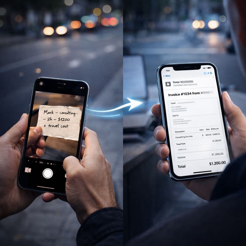 Photo of handwritten note turning into a digital invoice